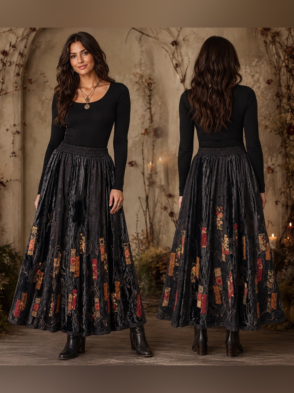Dark Academia Black Velvet Burnout Patchwork Maxi Skirt Boho Whimsigoth Artsy, S - Picture 4 of 16
